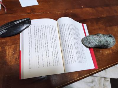 読書のお供の石。読友さんが「本に寄りそう文鎮」についてつぶやいていたのですが、私はこの2つを愛用。右が河原の石で、左は手持ちの化石。