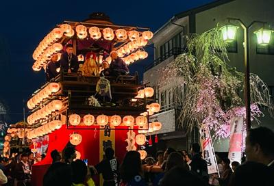 今夜は岐阜まつり宵宮。何台もの山車やお神輿が練り歩きます。会場の伊奈波神社周辺は枝垂れ桜が満開で、幻想的でした。