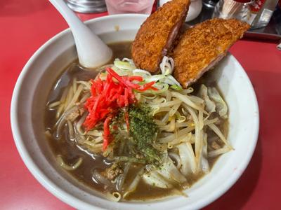 船橋でソースラーメン食べました。
見たままの味がします。右上に刺さっているのはハムカツ。
地元に以前あったメニューを複数のお店でそれぞれ｢復刻｣しているそうです。食べ歩きも楽しいかもしれません。