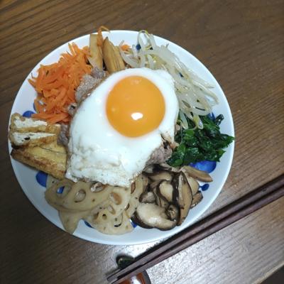 たまーに食べたくなって作る野菜たくさんナムルのビビンパが今夜の夜ご飯。温玉なかったから緩めの目玉やきトッピングで。(お肉は目玉焼きの下にある)
今日は早朝からのパート頑張った！偉いぞ私！みなさまも月曜、お疲れ様でした🍵