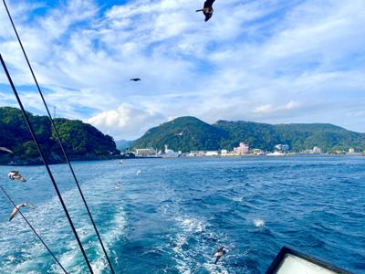 船に乗って、海から下田の街を見る。当時の船の速さはもっと遅いだろうから、踊子の振る白い布が見える間はそれなりに長かったように思う。船はその揺れが気持ちも揺さぶるので、学生さんも感情的になっただろうに。これにて、「伊豆の踊子」を追った下田の散策は終わり。